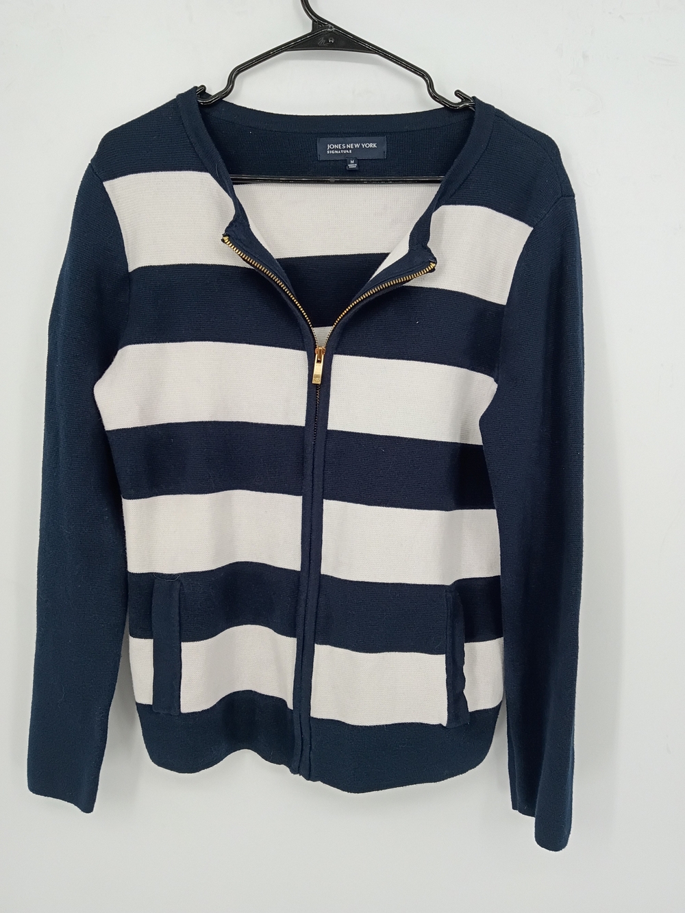 Jones New York Navy and White Striped Gold Zip Up Sweater Size Medium Mini